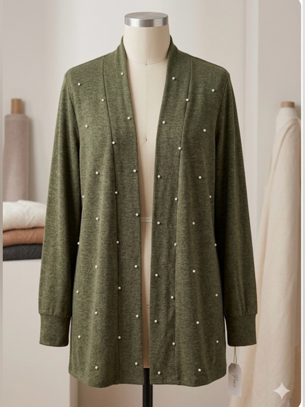 NY Collection Olive Green Pearl Embellished Open Front Cardigan Plus Size 2XL